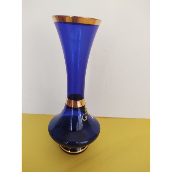 Vintage Bohemian Glass Cobalt Vase, Czech, Gold accent - Hand Painted 7" - Picture 4 of 13